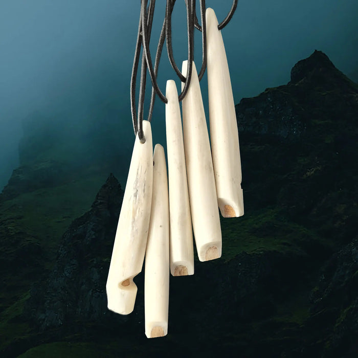 Handmade Replica Viking Age Bone Whistles with Wooden Blocks on Leather Cords - Hanging Straight