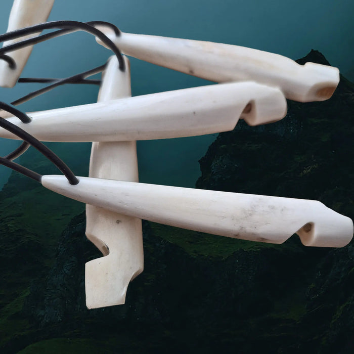 Handmade Replica Viking Age Bone Whistles with Wooden Blocks on Leather Cords