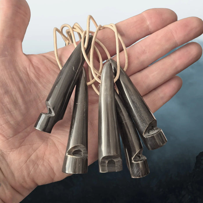 Handmade Replica Viking Age Dark Horn Whistles with Horn Block from Öland, Sweden on Natural Leather Cords on Hand