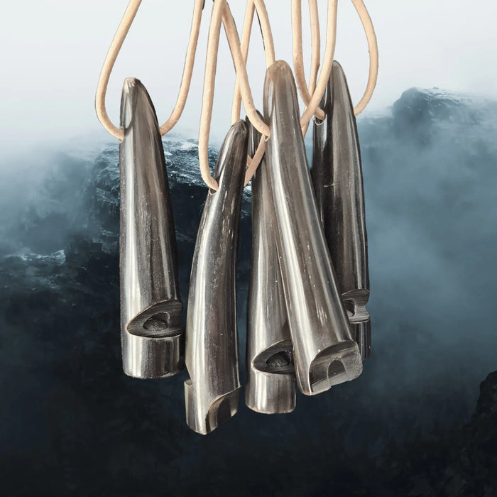 Handmade Replica Viking Age Dark Horn Whistles with Horn Block from Öland, Sweden on Natural Leather Cords