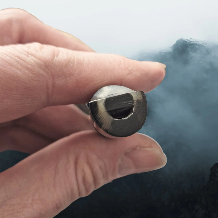 Handmade Replica Viking Age Dark Horn Whistle with Horn Block from Öland, Sweden in Hand - Mouthpiece End - Other Example
