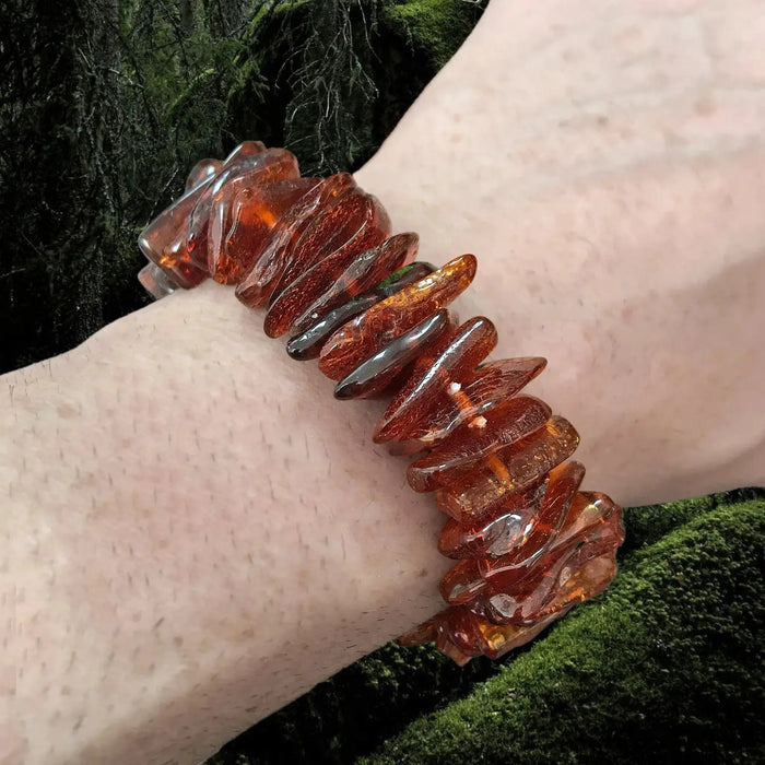 Amber Viking Bracelet Made From Cut and Polished Large Amber Chips on Wrist