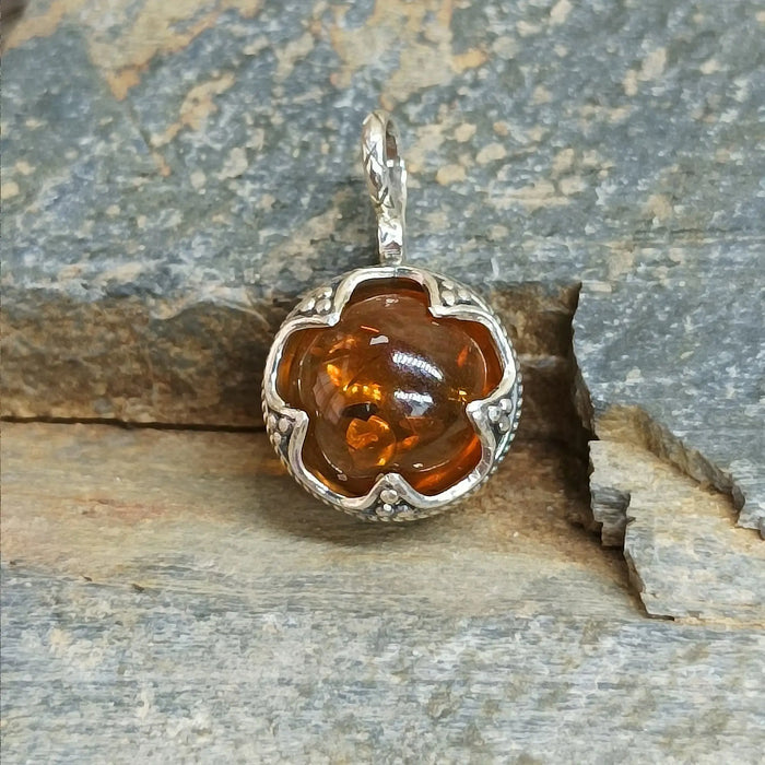 Small Silver Gotland Filigree Amber Ball Viking Pendant on Rock