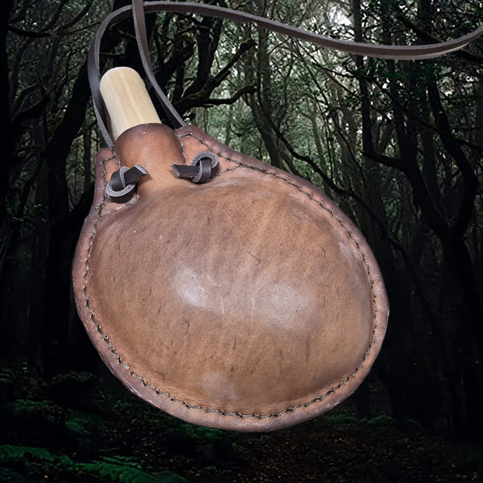Handmade Thick Leather Water Bottle with Wood Stopper & Long Leather Strap - Angle View