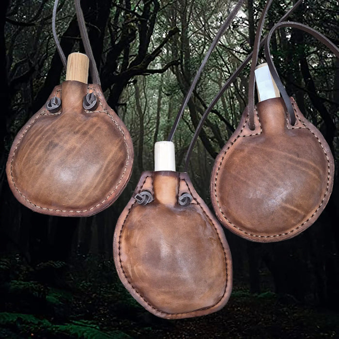 Handmade Thick Leather Water Bottles with Wood Stopper and Long Leather Straps - Different Shapes