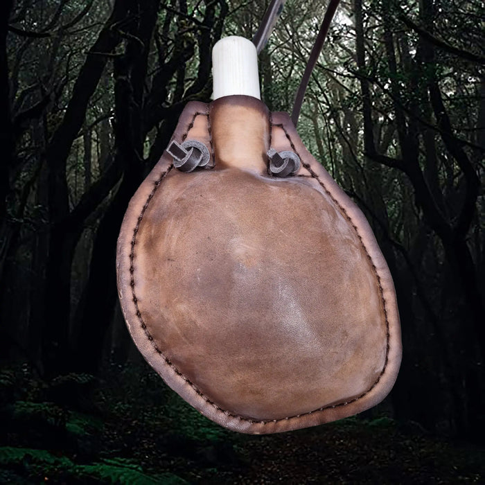 Handmade Thick Leather Water Bottle with Wood Stopper and Long Leather Strap - Odd Shape