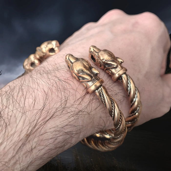 Handmade Twisted Viking Bronze Bracelet with Ferocious Wolf Heads with Bronze and Silver Twisted Bracelet on Wrist