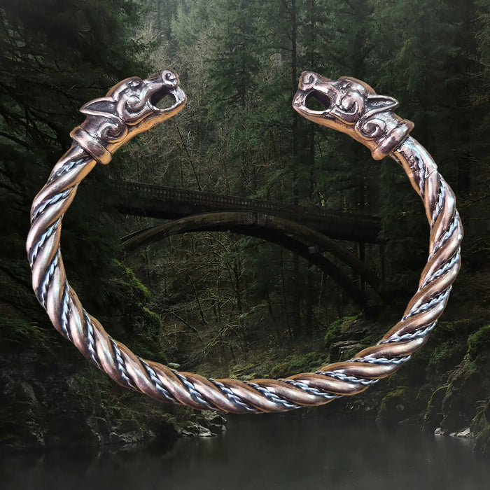 Handmade Twisted Viking Bronze & Silver Bracelet with Ferocious Wolf Heads