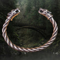 Handmade Twisted Viking Bronze Bracelet with Ferocious Wolf Heads