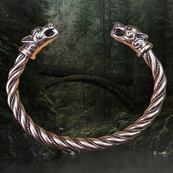 Handmade Twisted Viking Bronze Bracelet with Ferocious Wolf Heads