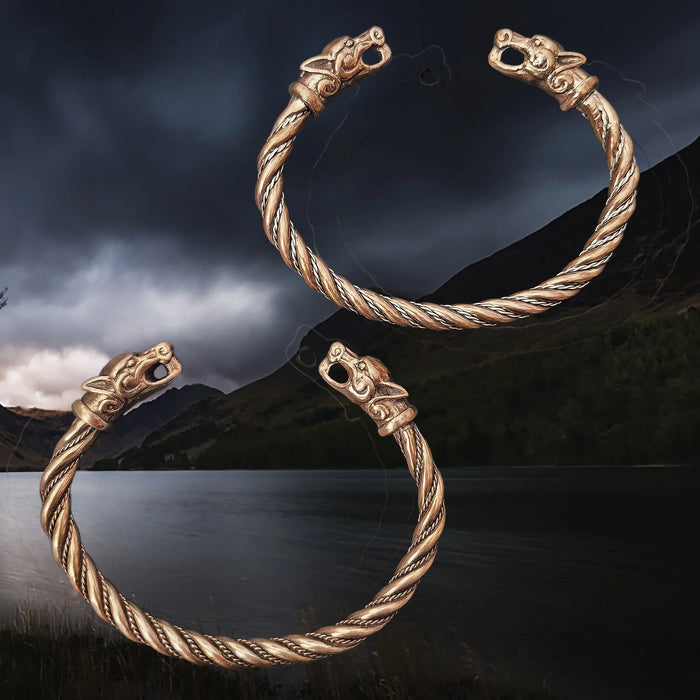 Handmade Twisted Viking Bronze Bracelet with Ferocious Wolf Heads with Bronze and Silver Twisted Bracelet