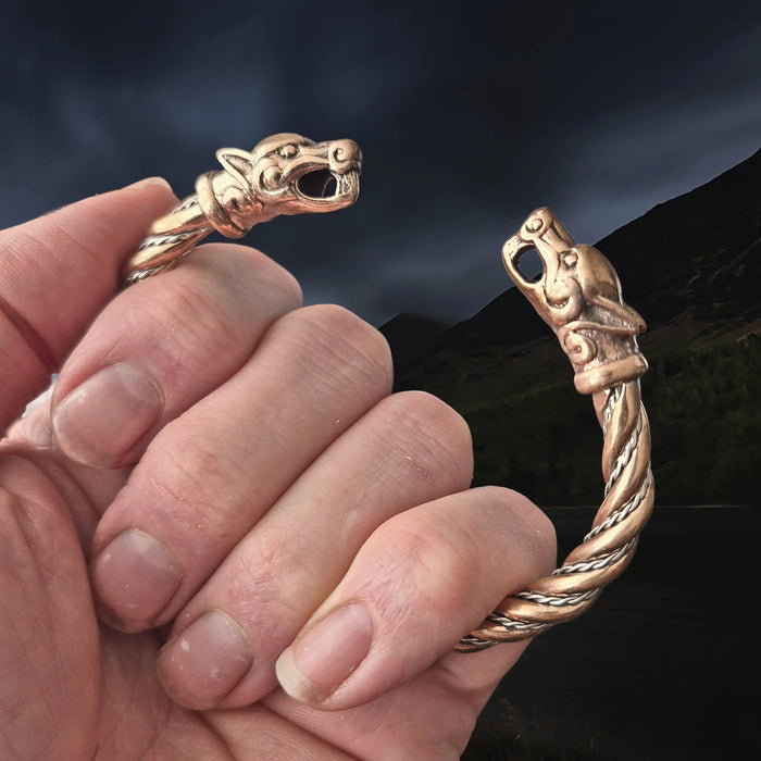 Handmade Twisted Viking Bronze & Silver Bracelet with Ferocious Wolf Heads in Clenched Hand