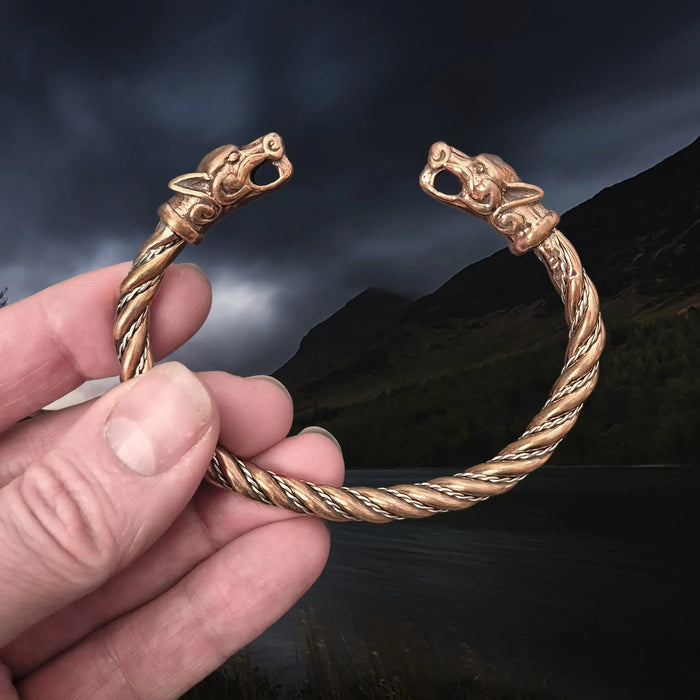Handmade Twisted Viking Bronze and Silver Bracelet with Ferocious Wolf Heads in Fingers