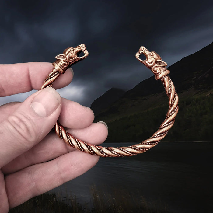 Handmade Twisted Viking Bronze Bracelet with Ferocious Wolf Heads in Fingers