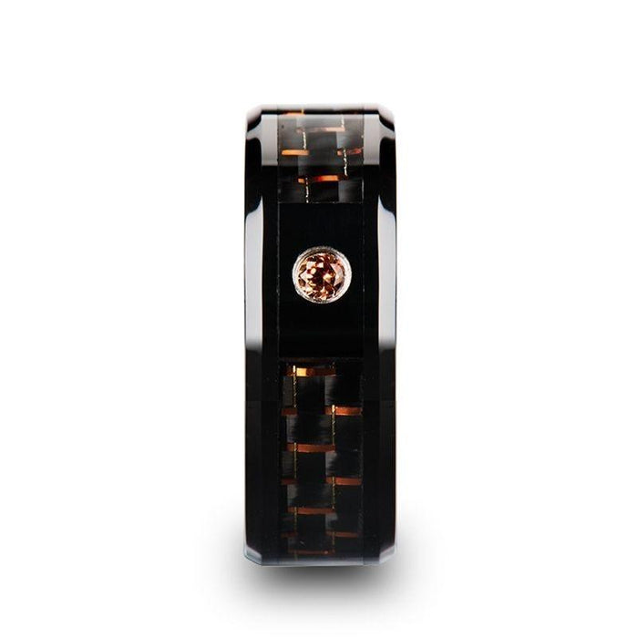HELSING Black Ceramic Ring with Black and Orange Carbon Fiber and Orange Padparadscha Setting - 8mm