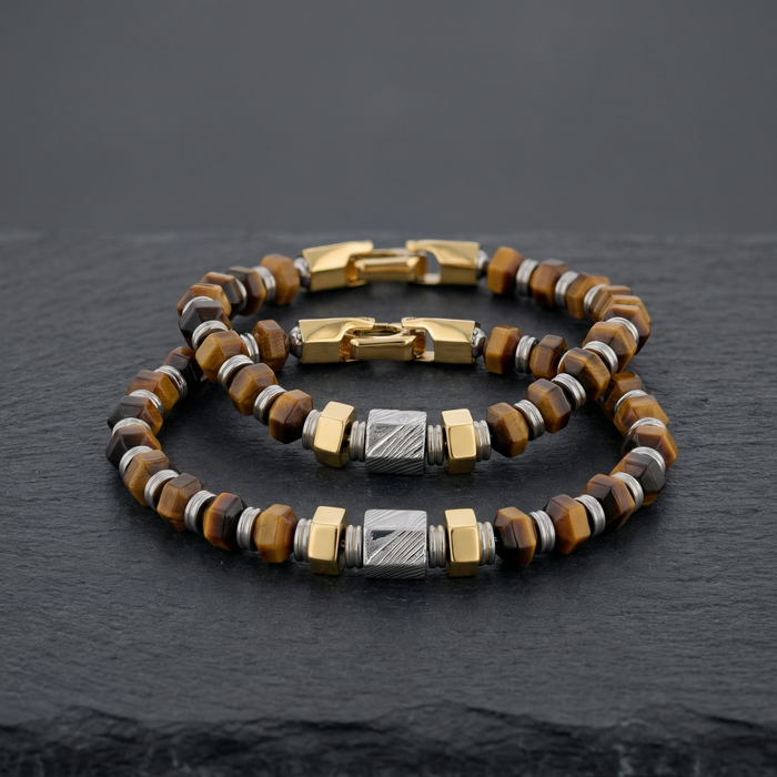 Hexagonal Tiger Eye Stone and Damascus Steel Bead Bracelet With Stainless Steel - 9 Inch