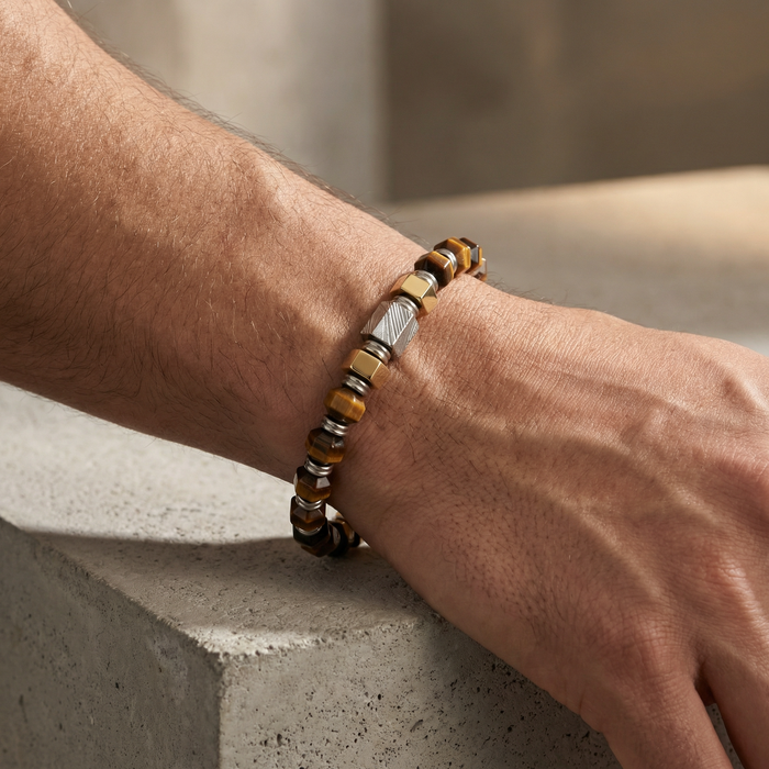Hexagonal Tiger Eye Stone and Damascus Steel Bead Bracelet With Stainless Steel - 9 Inch