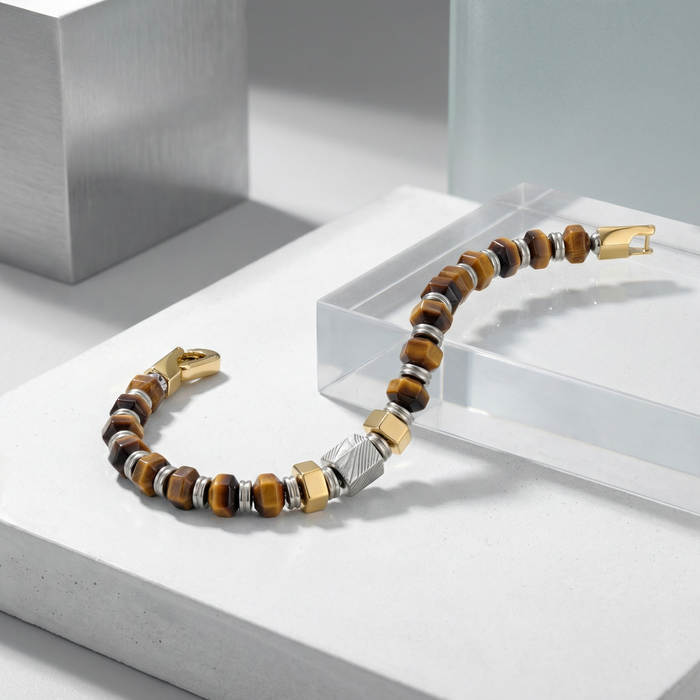 Hexagonal Tiger Eye Stone and Damascus Steel Bead Bracelet With Stainless Steel - 9 Inch