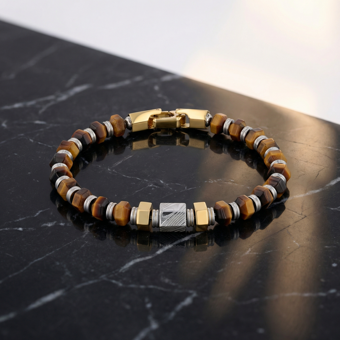 Hexagonal Tiger Eye Stone and Damascus Steel Bead Bracelet With Stainless Steel - 9 Inch