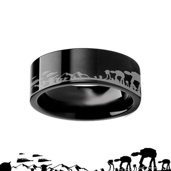 Hoth Battle Star Wars Alliance Galactic Imperial Invasion ATAT ATST Black Tungsten Engraved Ring - 4mm - 12mm