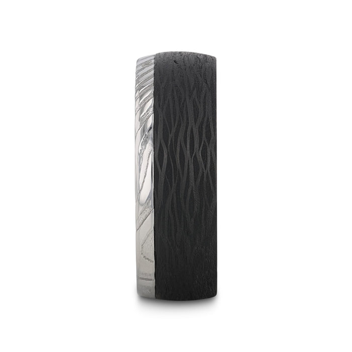 HUDSON Damascus Steel Ring with Wave Pattern Carbon Fiber - 8mm