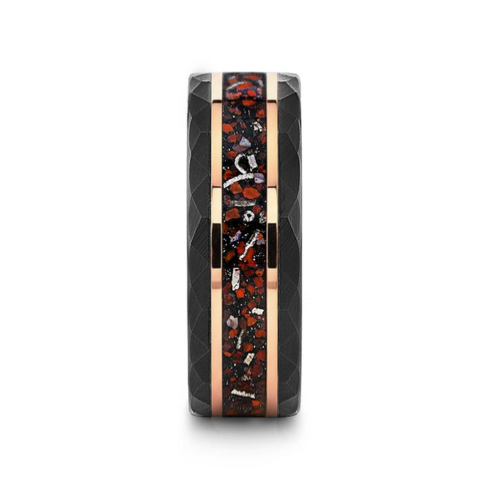 INFERNO Black/Rose Hammered Tungsten Carbide Ring with Dinosaur Bones and Meteorite - 8mm