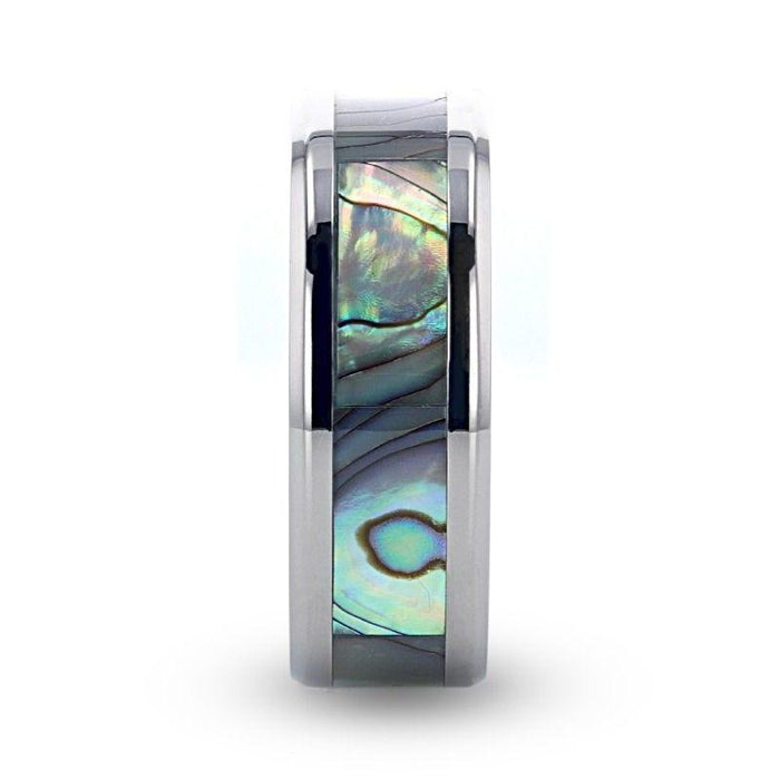 KAUI Titanium Polished Finish Mother Of Pearl Inlaid Men’s Beveled Wedding Band - 6mm & 8mm