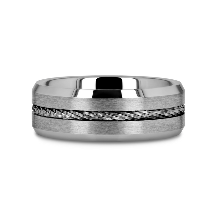 LANNISTER Men’s Tungsten Flat Wedding Band with Steel Wire Cable Inlay & Beveled Edges - 8mm