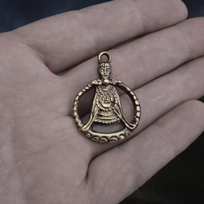 Large Bronze Circular Freya Pendant Replica with Top Loop on Hand