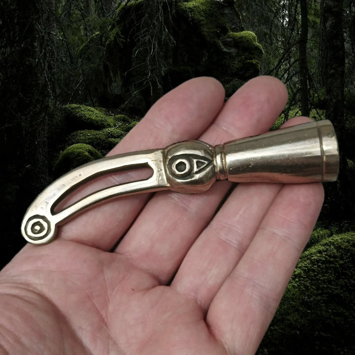 Large Bronze Raven Viking Drinking Horn Finial on Hand - Other Side