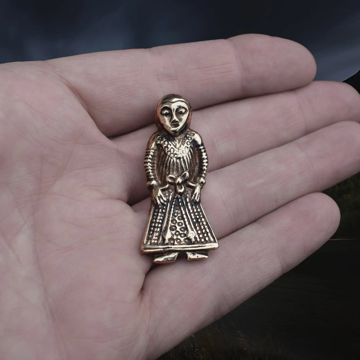 Large Bronze Viking Woman Pendant Replica from Revninge, Denmark on Hand