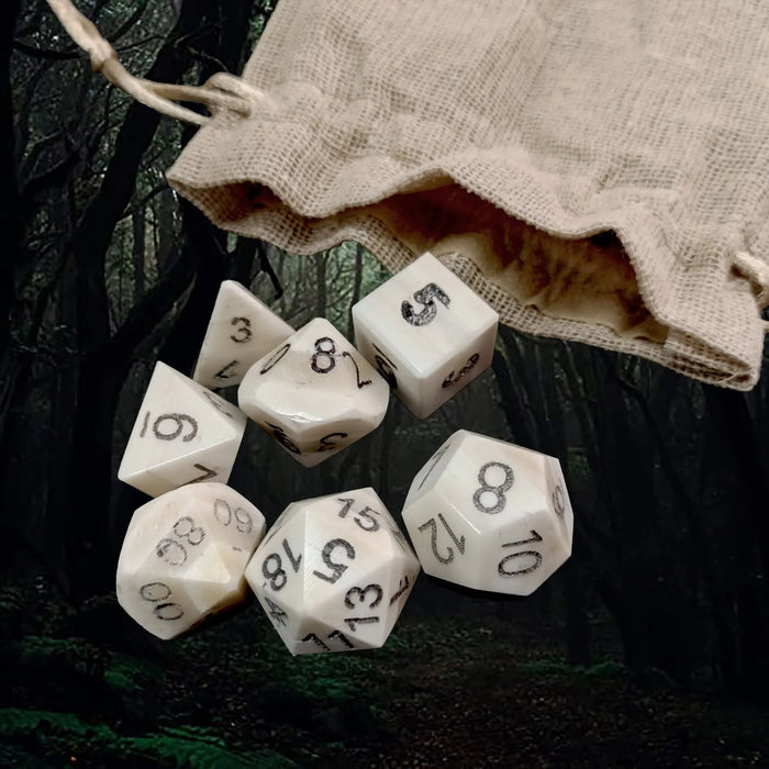 Full Set of 7 Large Bone DnD Dice Set  with Hessian Pouch - Close Up