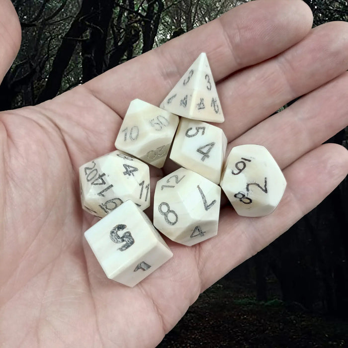 Full Set of 7 Large Bone DnD Dice Set  on Hand