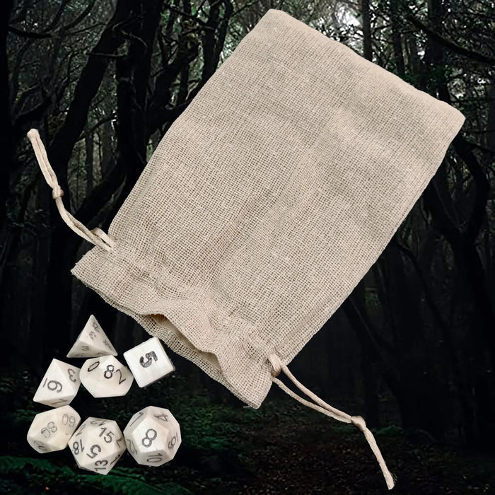Full Set of 7 Large Bone DnD Dice Set  with Hessian Pouch