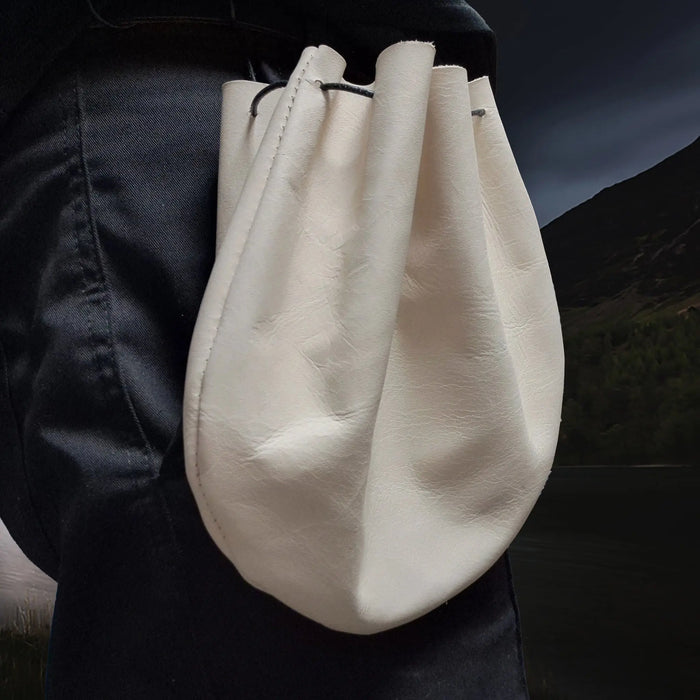 Large Natural Veg-Tan Leather Viking Pouch with Leather Drawstring on Belt