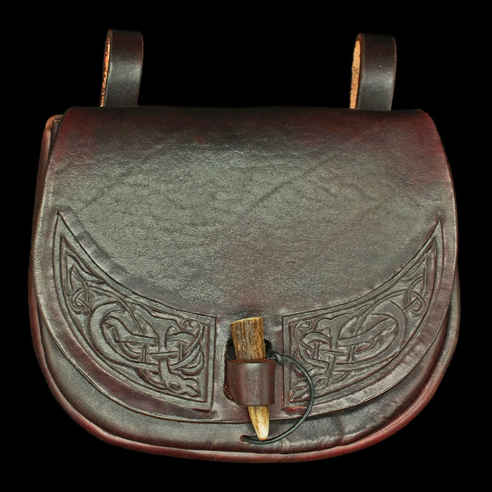 Large Leather Viking Dragon Belt Pouch - Brown