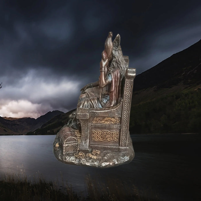 Hand-Painted Large Seated Statue of the Norse Goddess Frigga in Solid Resin - Left Side View