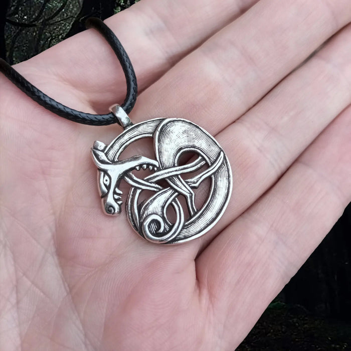 Silver Fenrir Viking Wolf Pendant on Blacl Leather Thong - On Hand