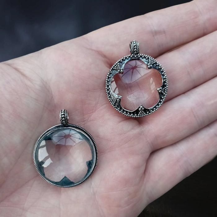 Large Silver Gotland Crystal Lens Pendant - Front and Bsck on Hand