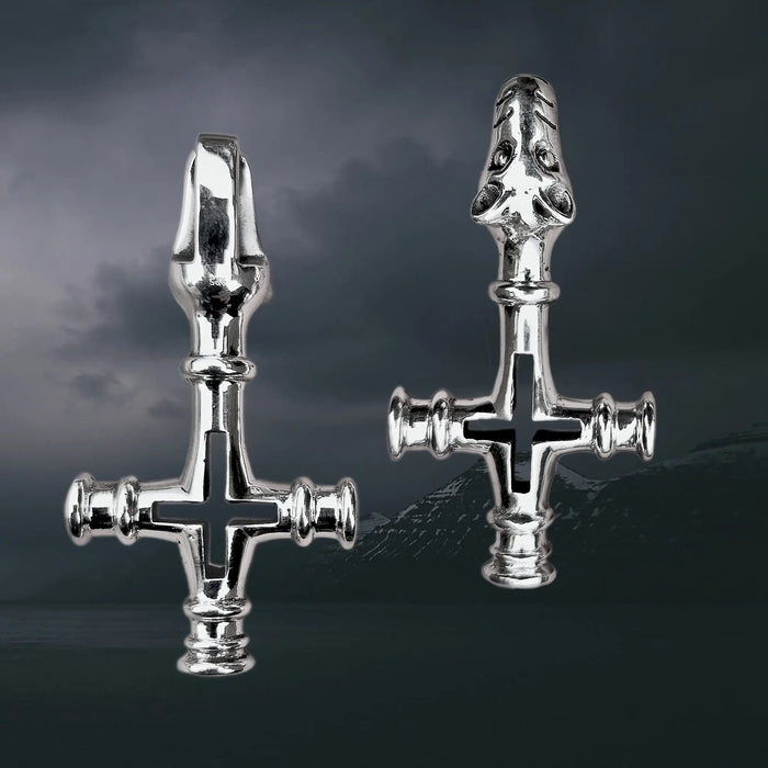 Large Silver Icelandic Wolf Cross Hammer Replica Pendant - Back and Front View