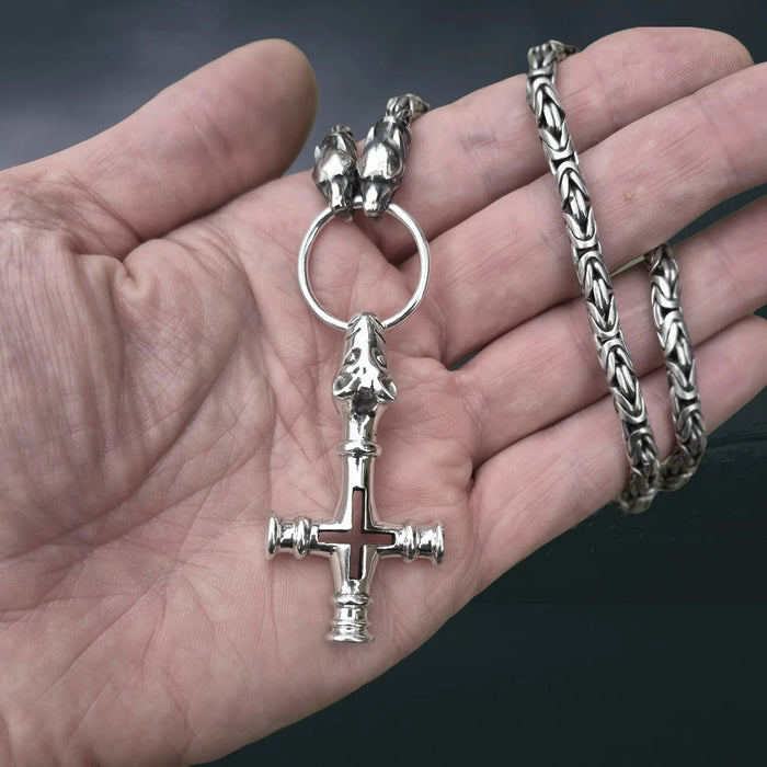 Large Silver Icelandic Wolf Cross Hammer Replica Pendant on Silver Split Ring on 5mm Silver King Chain with Ferocious Wolf Heads Wrapped Around Hand