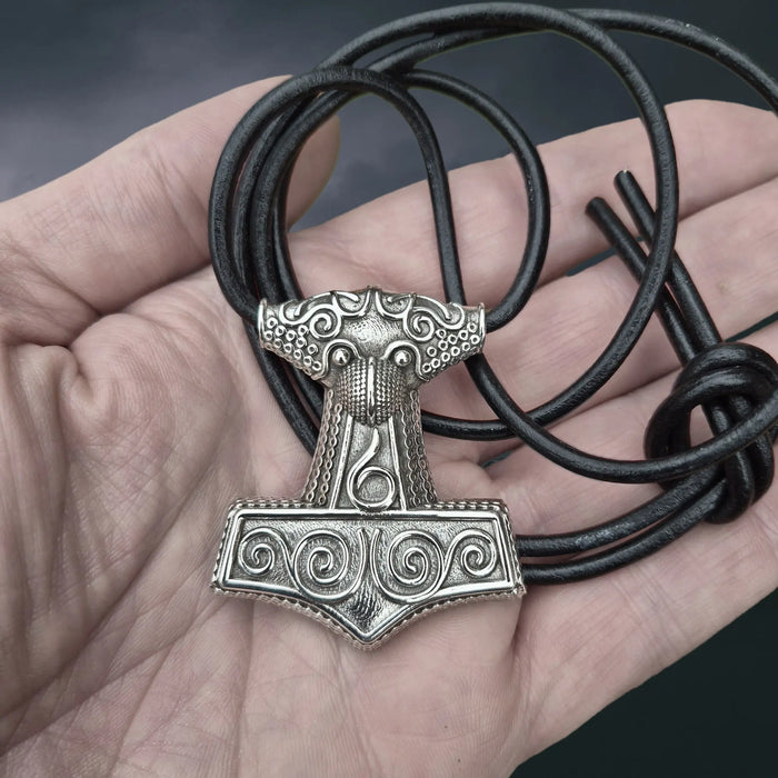 Large Silver Skåne Thor's Hammer Pendant Replica on 3mm Black Leather Cord, on Hand