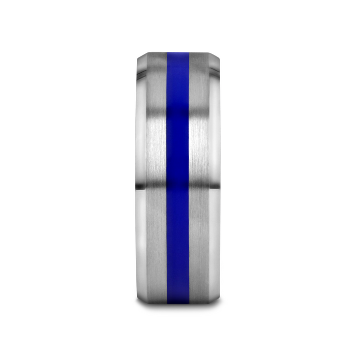 LAWSON Men’s Beveled Edges White Tungsten Brushed Finish Wedding Ring with Blue Stripe - 8mm