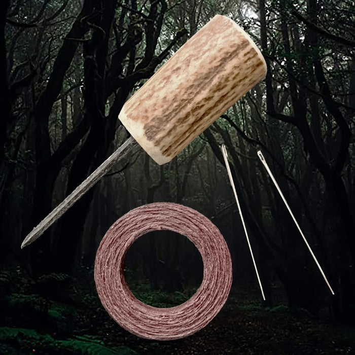 Complete Leather Viking Age Sewing Kit - Antler Awl, Steel Harness Needles, Waxed Linen Thread