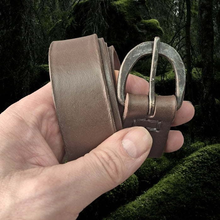 Long Brown Leather Viking / Medieval Belt with Hand-Forged Iron Buckle - 30mm Width in Hand