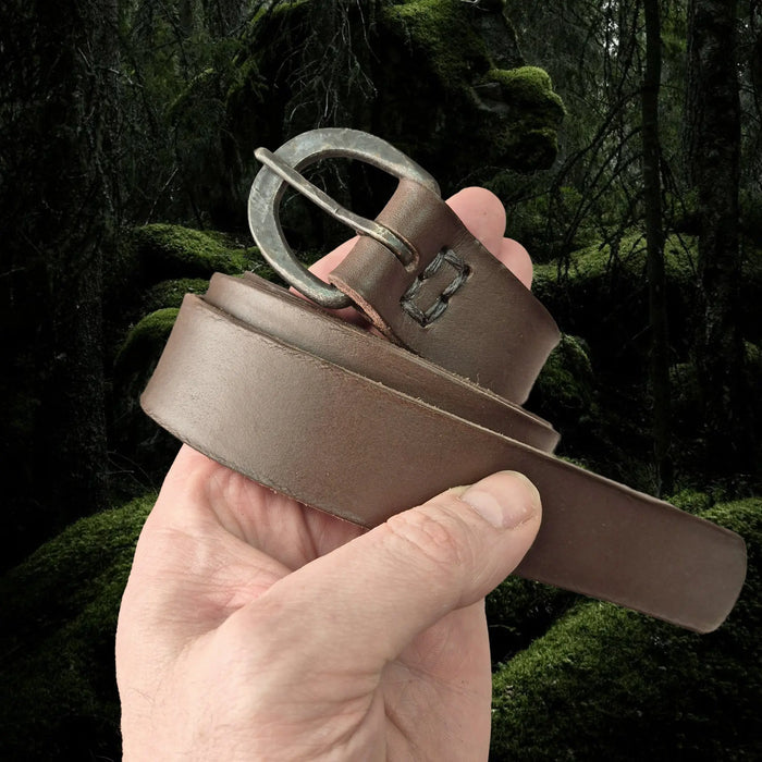Long Brown Leather Viking / Medieval Belt with Hand-Forged Iron Buckle - 30mm Width - Wrapped Around Hand