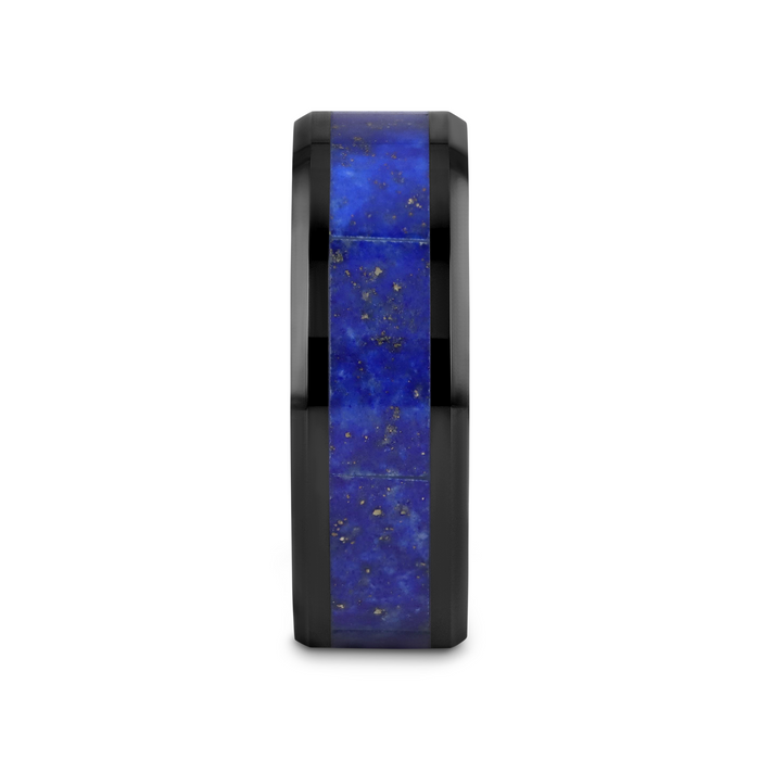 MARLOW Men’s Polished Black Ceramic Wedding Band with Blue Lapis Inlay & Beveled Edges - 8mm