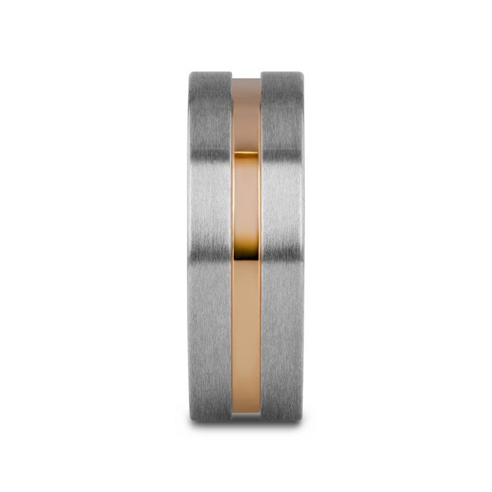 MARS Titanium Flat Brushed Finished Men's Wedding Ring With Rose Gold Plated Groove Center - 8mm