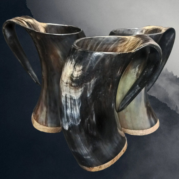 3 Medium Polished Ox Horn Beer Mugs Together