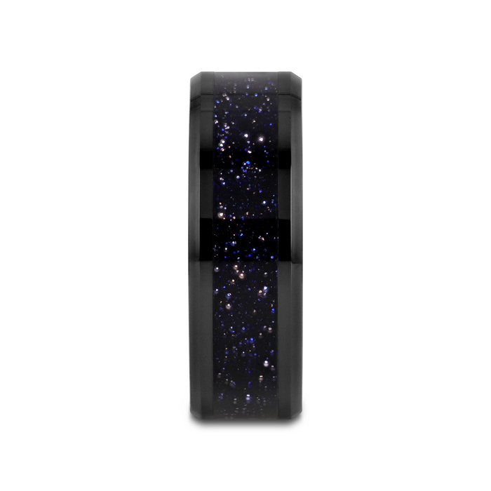 MELO Black Ceramic Beveled Polished Men’s Wedding Band with Purple Goldstone Inlay - 8mm